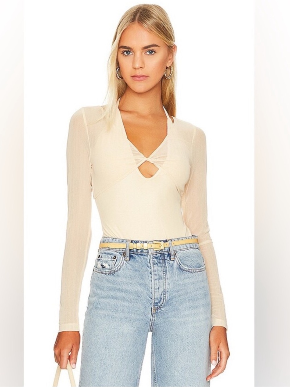 Camila Coelho Cream Long-Sleeve Keyhole V-Neck Bodysuit